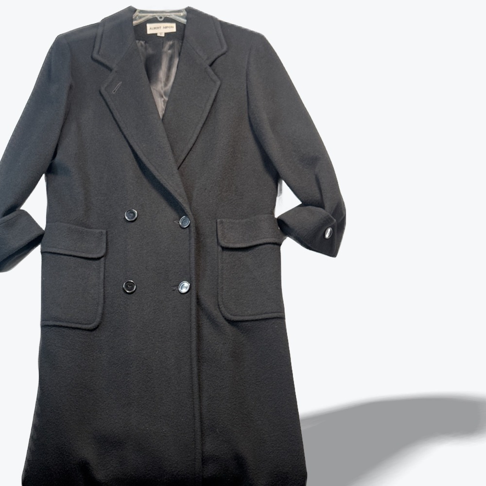 Albert Nipon Vintage Double Breasted Long Coat Cashmere Wool Black Womens Size 8